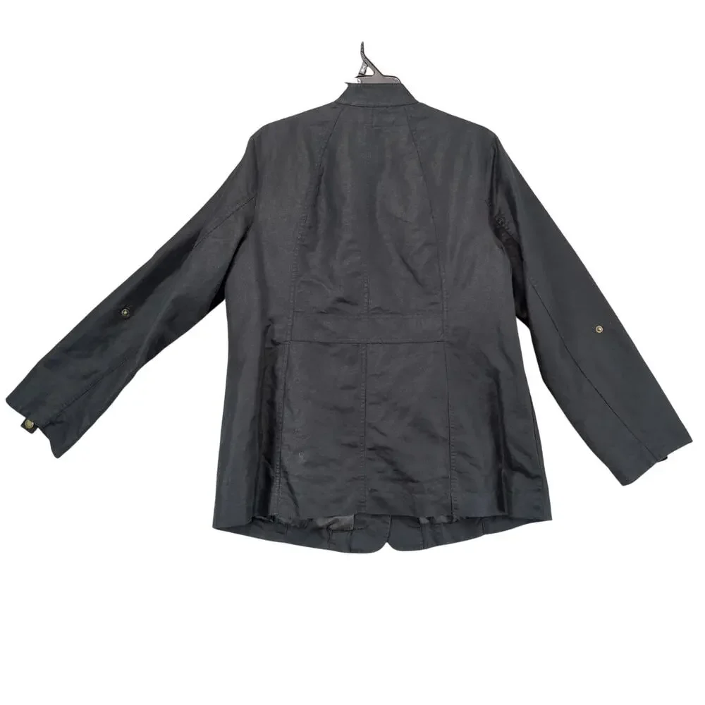 Coldwater Creek Black Linen Cotton Peacoat Jacket Women's 16 Snap Close Roll Tab